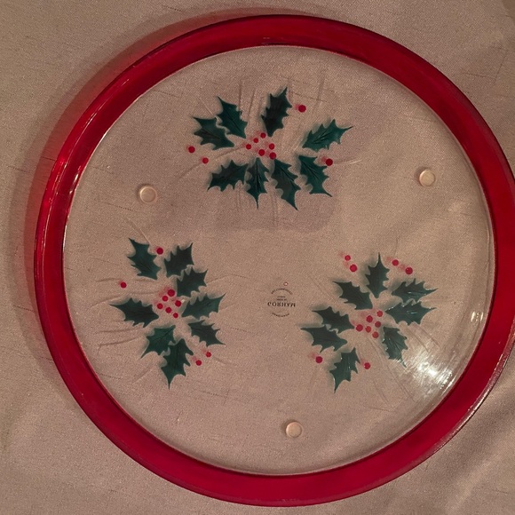 Gorham "Festive Holly" 11" Round Glass Plate 11 7/8" diameter, GUC - Picture 3 of 9